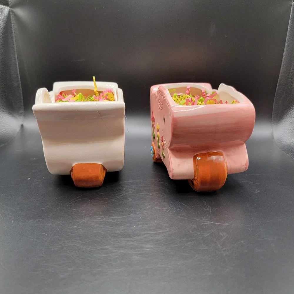 Vintage Ceramic Bunny Rabbit Wheelbarrow Planter Pink & White Duck Planter...